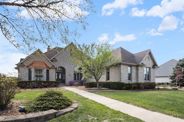 400 Rock Creek Dr, Manteno, IL 60950 - french country home featuring roof with shingles, a chimney, brick siding, and a front yard