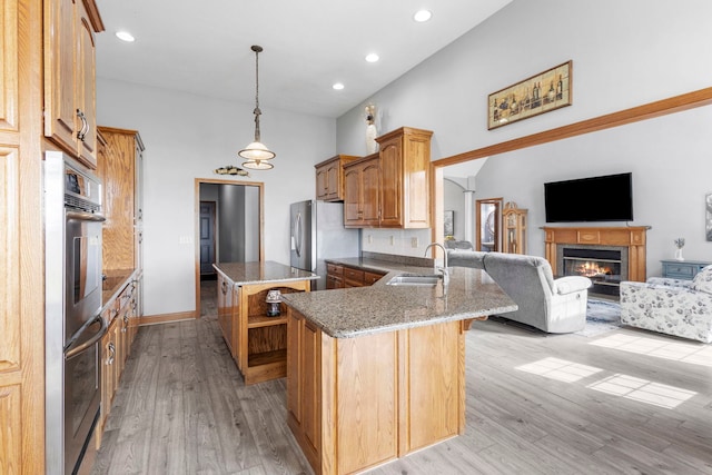 400 Rock Creek Dr, Manteno, IL 60950 - kitchen featuring open shelves, a sink, a peninsula, light wood-style floors, and stainless steel appliances