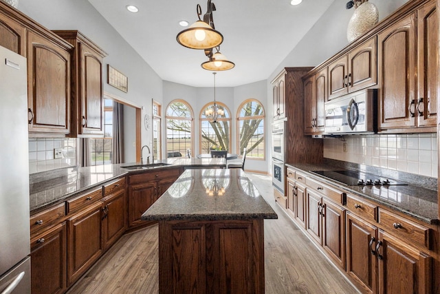 400 Rock Creek Dr, Manteno, IL 60950 - kitchen with stainless steel appliances, decorative light fixtures, a sink, and light wood-type flooring