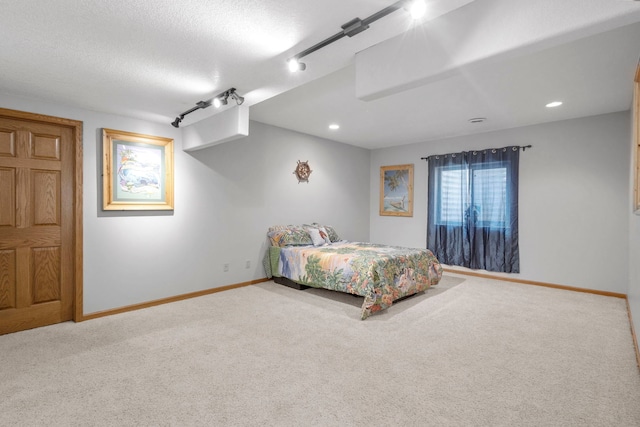 400 Rock Creek Dr, Manteno, IL 60950 - carpeted bedroom with a textured ceiling, baseboards, recessed lighting, and rail lighting