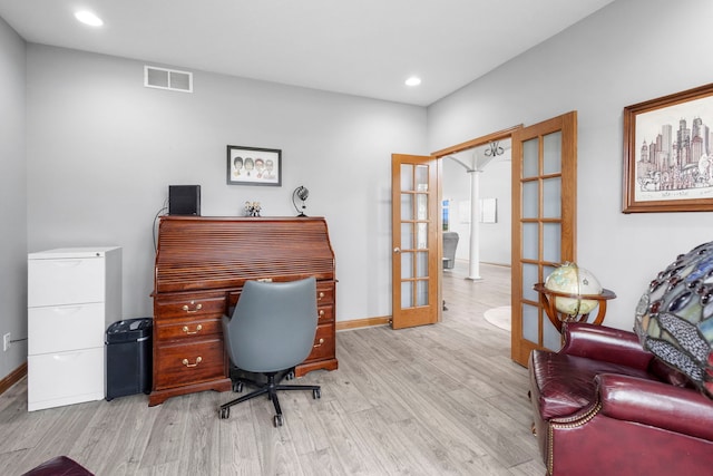 400 Rock Creek Dr, Manteno, IL 60950 - home office with baseboards, visible vents, french doors, and light wood-style floors