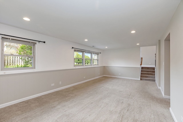 705 Old Mill Grove Rd, Lake Zurich, IL 60047 - unfurnished room featuring carpet flooring, a wainscoted wall, recessed lighting, baseboards, and stairway