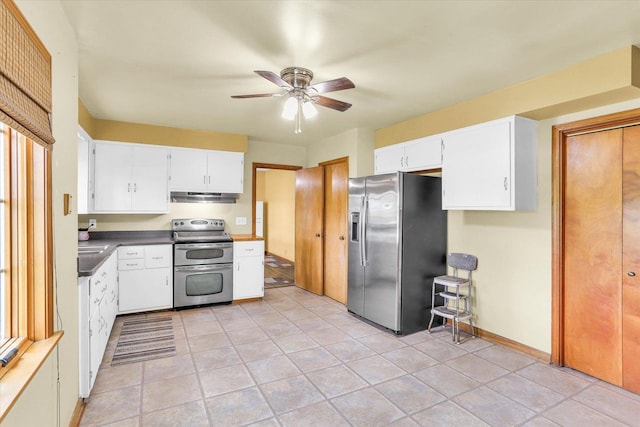 kitchen featuring a ceiling fan, dark countertops, appliances with stainless steel finishes, white cabinets, and under cabinet range hood