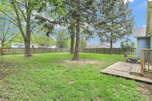 view of yard featuring a fenced backyard and a wooden deck