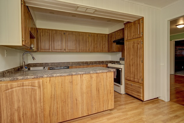 kitchen with light wood-type flooring, a sink, a peninsula, white range with electric stovetop, and under cabinet range hood