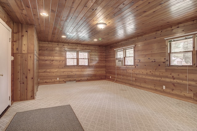 carpeted empty room with recessed lighting, wood walls, wood ceiling, and cooling unit