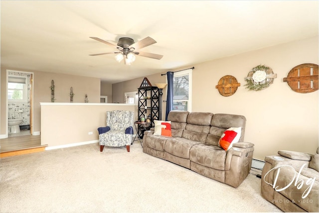 395 Magnolia Ave, Gurnee, IL 60031 - carpeted living room with baseboards, a baseboard radiator, and ceiling fan