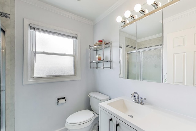 full bathroom featuring vanity, toilet, baseboards, a shower stall, and ornamental molding