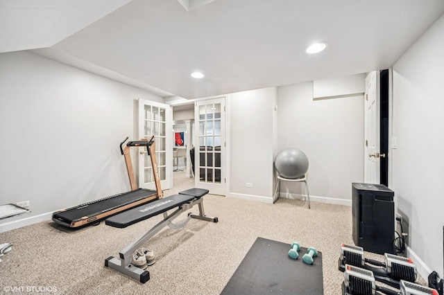 exercise area featuring baseboards, recessed lighting, and carpet floors