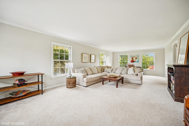 living area with crown molding, light carpet, baseboards, and a healthy amount of sunlight