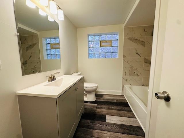 bathroom featuring toilet, a wealth of natural light, wood finished floors, and vanity
