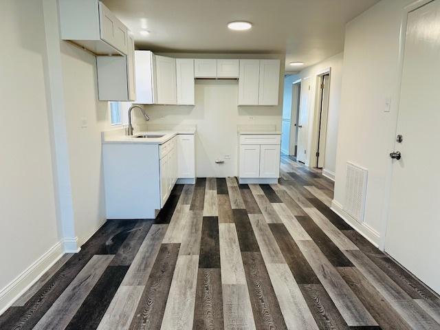 kitchen featuring visible vents, a sink, dark wood-style flooring, and white cabinets