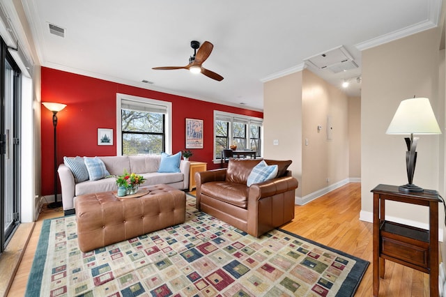 living room with visible vents, ornamental molding, a ceiling fan, and light wood-type flooring