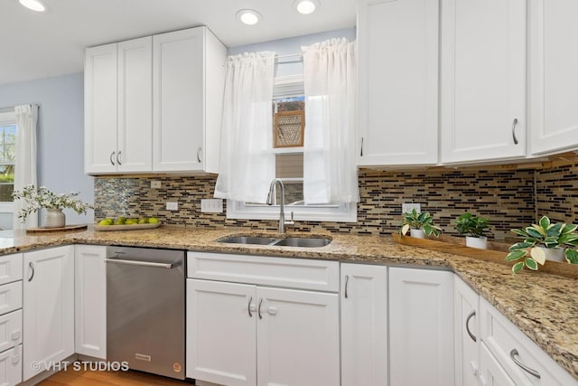 69 N Idlewild Ave, Mundelein, IL 60060 - kitchen featuring dishwasher, a sink, white cabinetry, tasteful backsplash, and recessed lighting