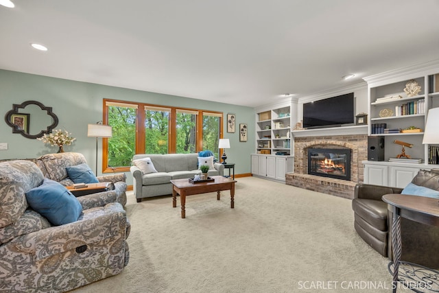 645 Rosewood Dr, West Chicago, IL 60185 - carpeted living room featuring a fireplace, baseboards, and recessed lighting