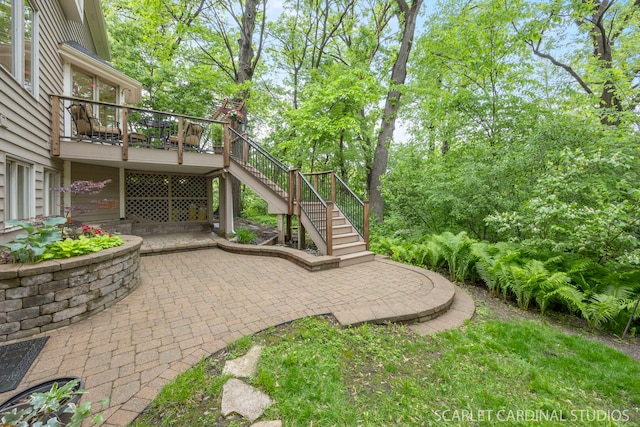645 Rosewood Dr, West Chicago, IL 60185 - view of yard with a patio area, stairway, a wooden deck, and view of wooded area