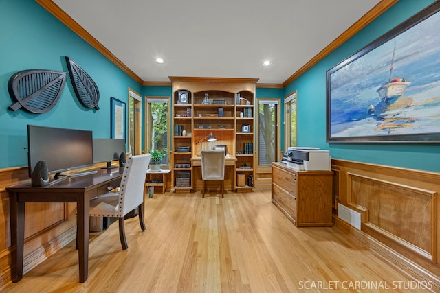 645 Rosewood Dr, West Chicago, IL 60185 - office area featuring crown molding, light wood-style flooring, a wainscoted wall, and recessed lighting