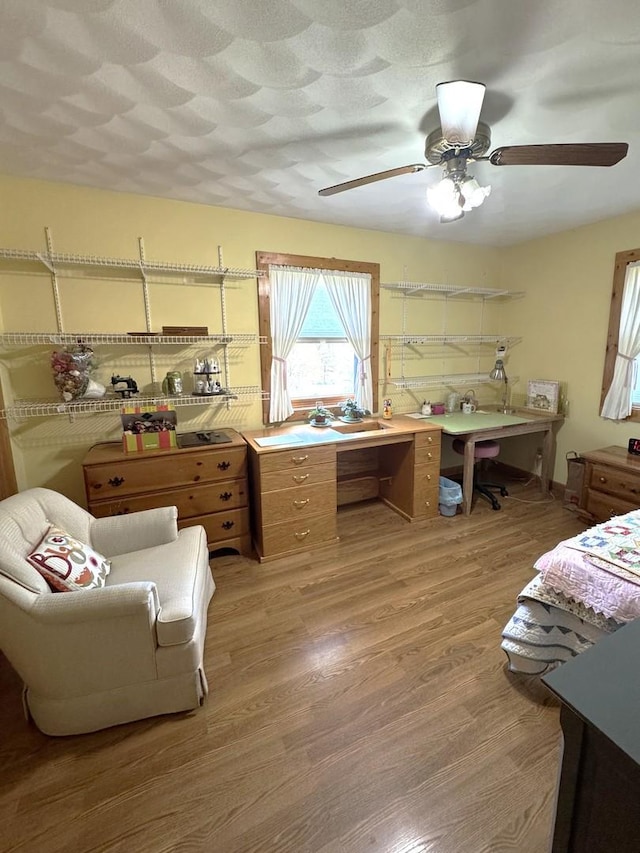 interior space with ceiling fan and wood finished floors
