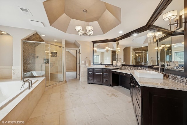 3244 Lakeside Ave, Northbrook, IL 60062 - bathroom featuring a bath, visible vents, a shower stall, vanity, and an inviting chandelier