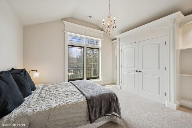 3244 Lakeside Ave, Northbrook, IL 60062 - carpeted bedroom with a notable chandelier, baseboards, vaulted ceiling, visible vents, and a closet