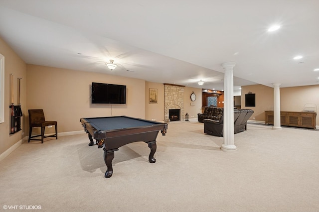 3244 Lakeside Ave, Northbrook, IL 60062 - recreation room with light carpet, baseboards, recessed lighting, pool table, and a large fireplace