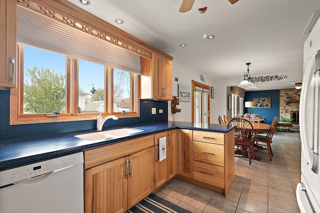 17130 Inverness Dr, Tinley Park, IL 60487 - kitchen with white appliances, ceiling fan, dark countertops, and a sink