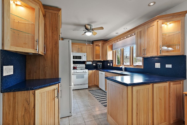 17130 Inverness Dr, Tinley Park, IL 60487 - kitchen with ceiling fan, tasteful backsplash, a sink, light tile patterned floors, and white appliances