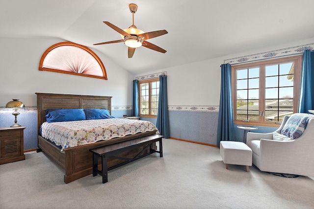 17130 Inverness Dr, Tinley Park, IL 60487 - bedroom with carpet floors, baseboards, ceiling fan, wallpapered walls, and vaulted ceiling