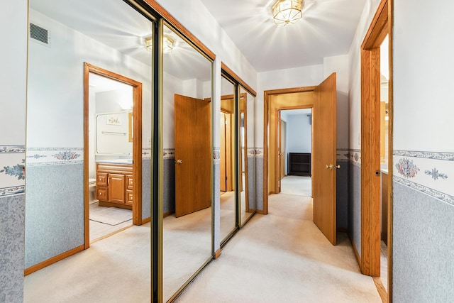17130 Inverness Dr, Tinley Park, IL 60487 - corridor featuring wallpapered walls, light colored carpet, and visible vents