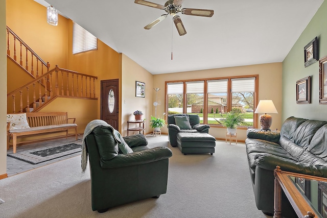17130 Inverness Dr, Tinley Park, IL 60487 - carpeted living area featuring high vaulted ceiling, ceiling fan, baseboards, and stairs