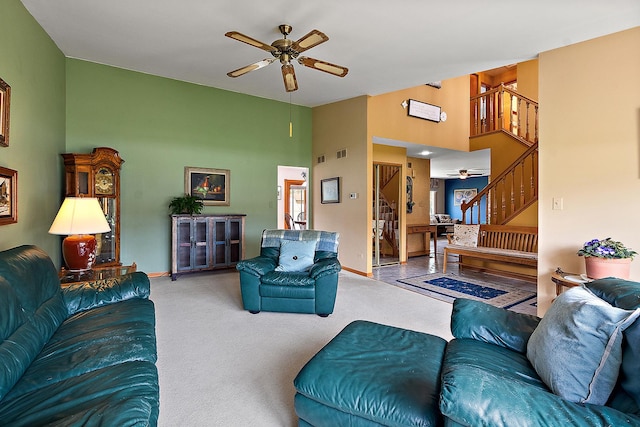 17130 Inverness Dr, Tinley Park, IL 60487 - living room featuring baseboards, a ceiling fan, stairs, and carpet flooring