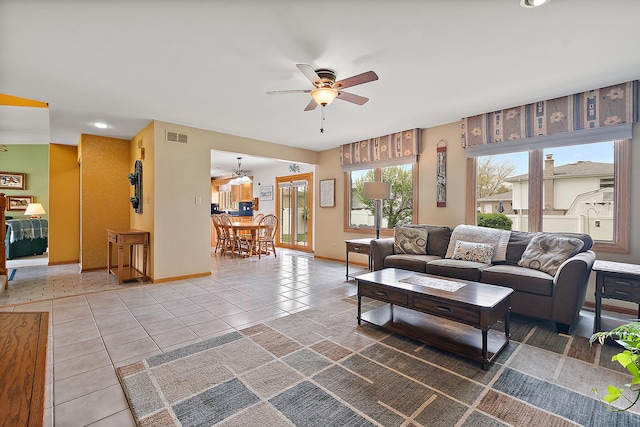 17130 Inverness Dr, Tinley Park, IL 60487 - tiled living room featuring visible vents, recessed lighting, baseboards, and ceiling fan