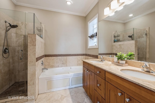 4220 S King Dr Unit 2S, Chicago, IL 60653 - full bath featuring double vanity, a garden tub, crown molding, a stall shower, and a sink