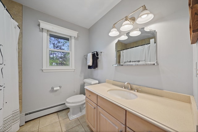 227 Abbott Pl, Tower Lakes, IL 60010 - full bath featuring a baseboard radiator, tile patterned flooring, toilet, vanity, and a shower with curtain