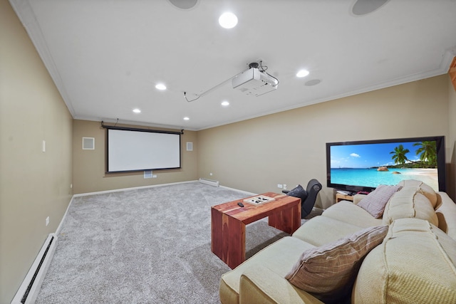 227 Abbott Pl, Tower Lakes, IL 60010 - carpeted home theater room with a baseboard radiator, crown molding, recessed lighting, baseboard heating, and baseboards