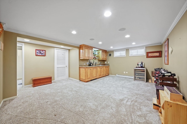 227 Abbott Pl, Tower Lakes, IL 60010 - office featuring a baseboard heating unit, recessed lighting, crown molding, light colored carpet, and baseboards