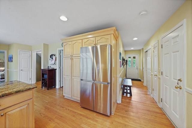 227 Abbott Pl, Tower Lakes, IL 60010 - kitchen featuring freestanding refrigerator, light wood-style flooring, dark stone countertops, recessed lighting, and light brown cabinets