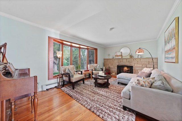 227 Abbott Pl, Tower Lakes, IL 60010 - living area featuring wood finished floors, ornamental molding, a stone fireplace, and a baseboard radiator