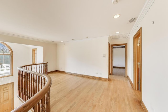 2125 Harrow Gate Dr, Inverness, IL 60010 - hall with crown molding, attic access, recessed lighting, light wood finished floors, and an upstairs landing