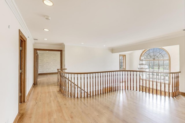 2125 Harrow Gate Dr, Inverness, IL 60010 - hallway featuring recessed lighting, ornamental molding, light wood finished floors, and an upstairs landing