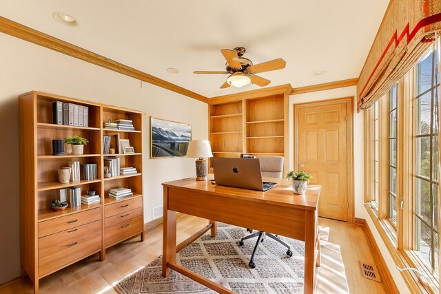 2125 Harrow Gate Dr, Inverness, IL 60010 - office space with visible vents, ornamental molding, a ceiling fan, and a wealth of natural light