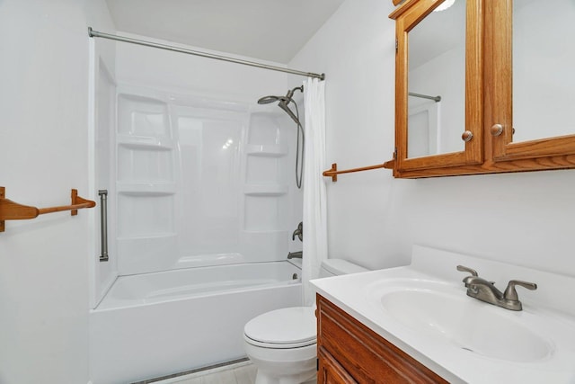bathroom featuring toilet, washtub / shower combination, and vanity