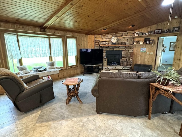 25-14 Country Hill Ct, Lake Carroll, IL 61046 - living room with wooden walls, a fireplace, wooden ceiling, and vaulted ceiling with beams