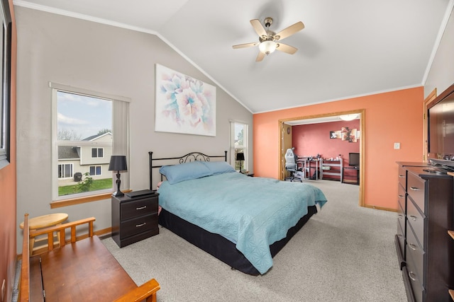 bedroom with baseboards, ornamental molding, and lofted ceiling
