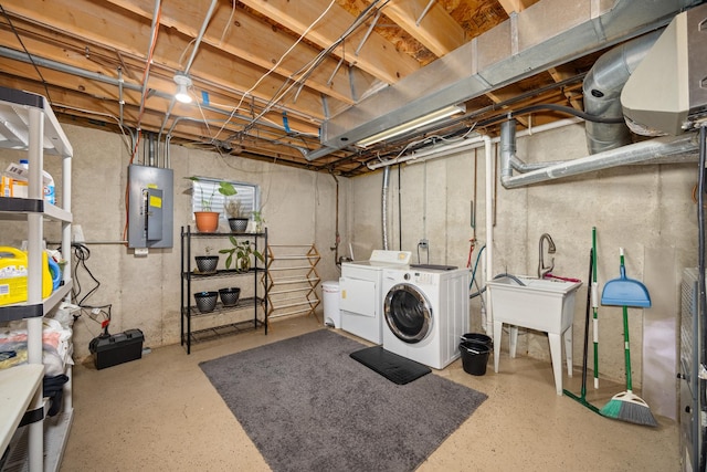 clothes washing area featuring washer and dryer, laundry area, and electric panel