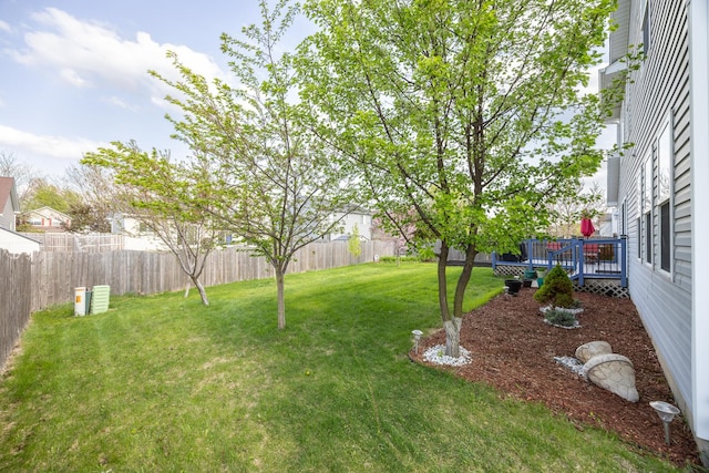 view of yard with a fenced backyard and a wooden deck