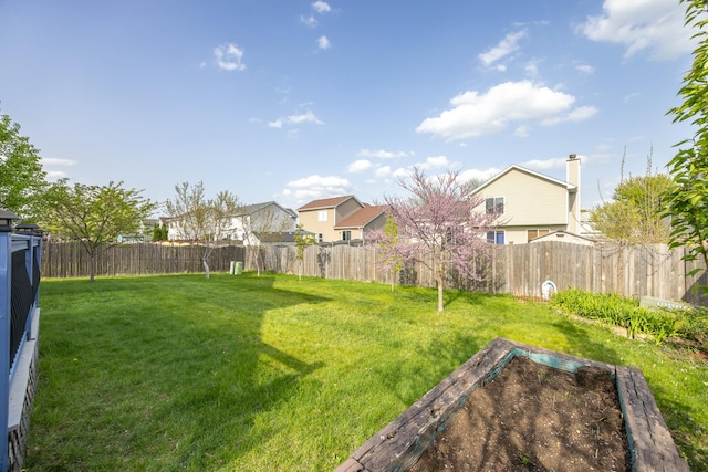 view of yard with a residential view and a fenced backyard