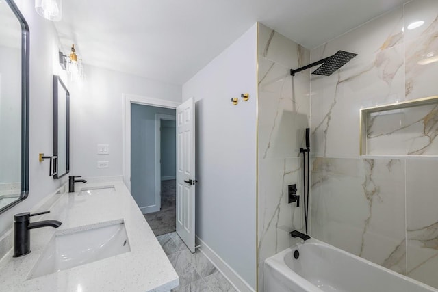 612 Thornwood Dr, South Holland, IL 60473 - bathroom with double vanity, baseboards, a combined bath / shower with marble appearance, and a sink