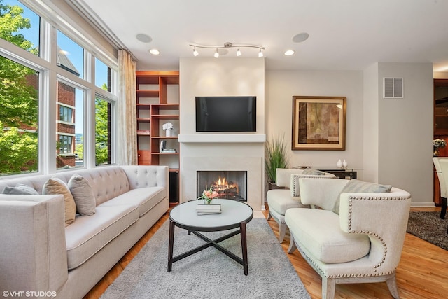 321 E 17th St, Chicago, IL 60616 - living area with a warm lit fireplace, visible vents, and wood finished floors