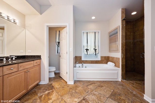 321 E 17th St, Chicago, IL 60616 - full bathroom featuring a stall shower, stone tile floors, toilet, a garden tub, and vanity